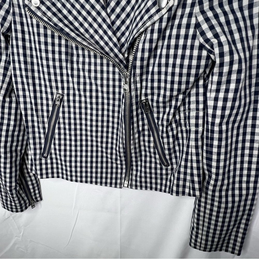 J. CREW Womens MOTORCYCLE JACKET Blue White Gingham SIZE 4 Zipper Front NWT - Picture 5 of 9